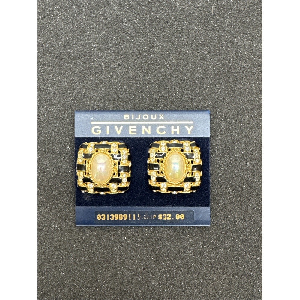 Vintage Givenchy Bijoux Faux Pearl Gold Tone Square Pierced Earrings